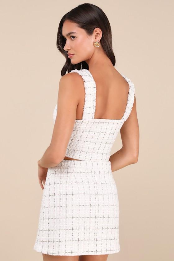 Upscale Instinct Ivory and Brown Tweed Button-Front Tank Top Product Image