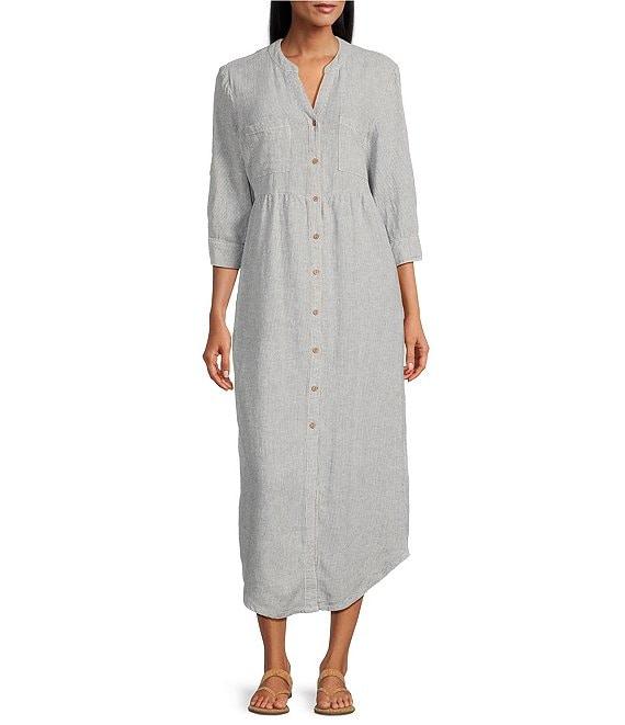 Westbound Stripe 3/4 Rolled Sleeve Y-Neck Button-Front Maxi Shirt Dress Product Image