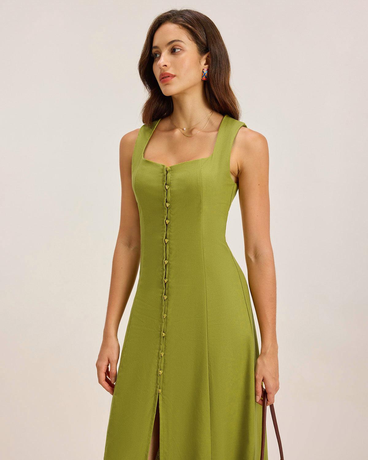 Green Square Neck Button Sleeveless Midi Dress Product Image