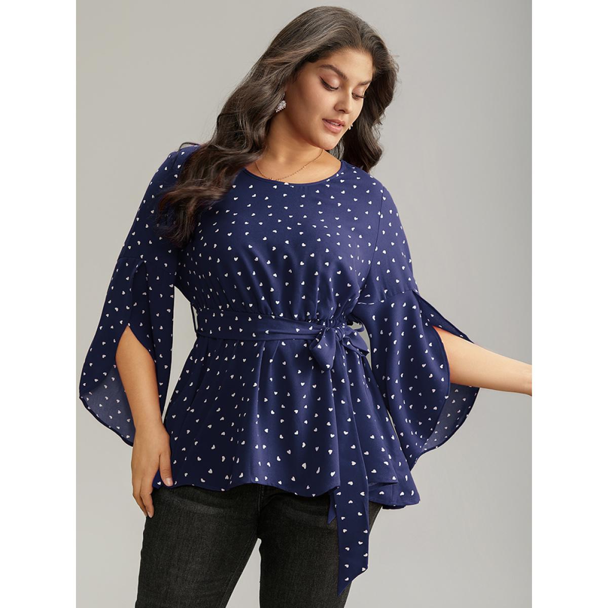 Plus Size Indigo Heart Print Belted Petal Sleeve High Low Hem Blouse Women Elegant Elbow-length sleeve Round Neck Everyday Blouses BloomChic 18-20/2X Product Image