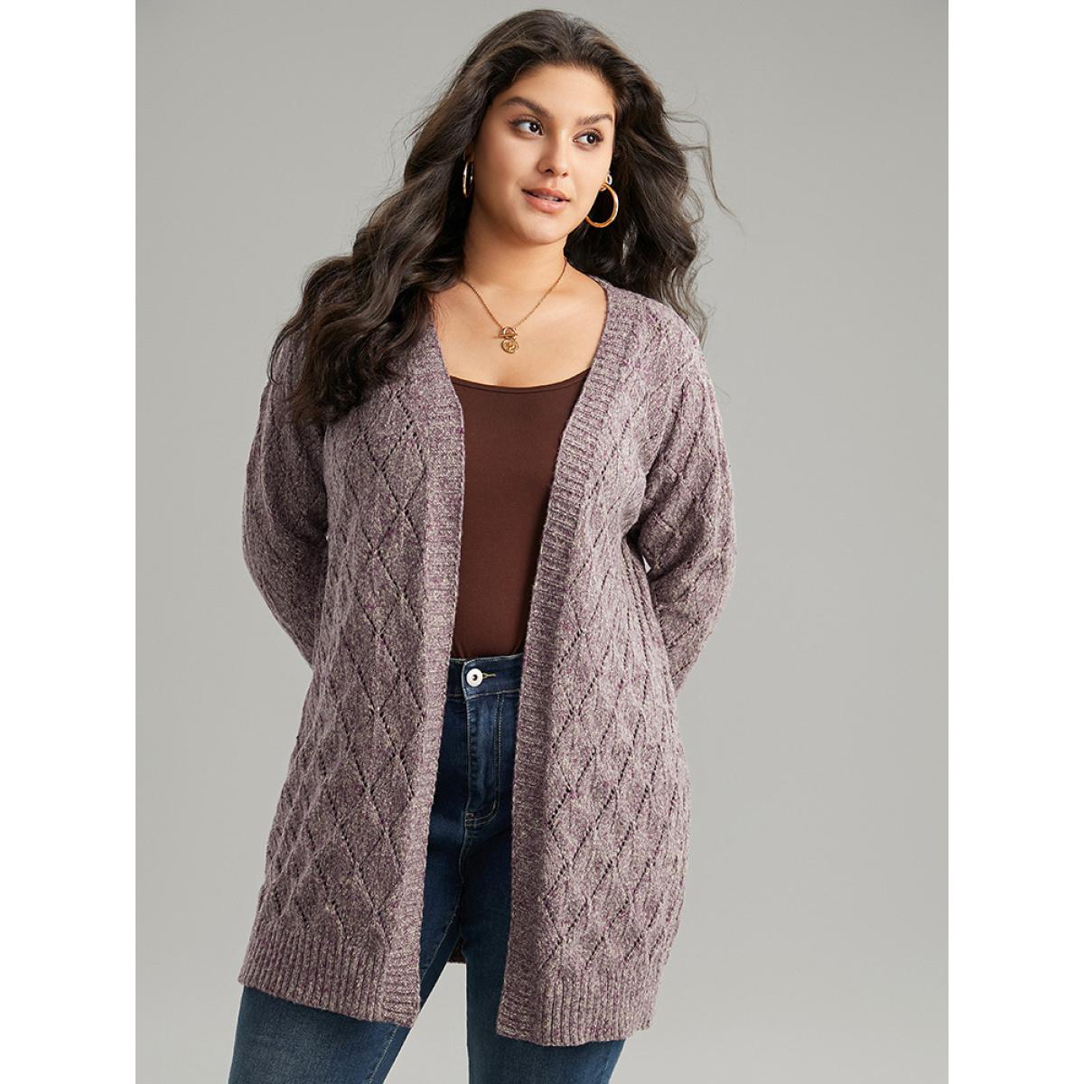 Plus Size Heather Eyelet Open Front Plisse Cardigan Mauve Women Casual Loose Long Sleeve Everyday Cardigans BloomChic 28/5X Product Image