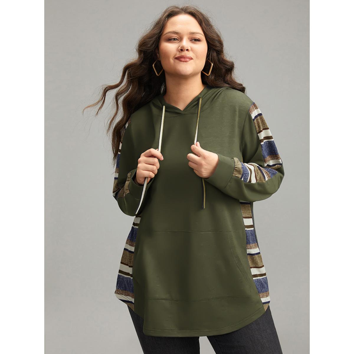 Plus Size Contrast Striped Hooded Ties Pocket Sweatshirt Women DimGray Casual Contrast Hooded Dailywear Sweatshirts BloomChic 12/L Product Image