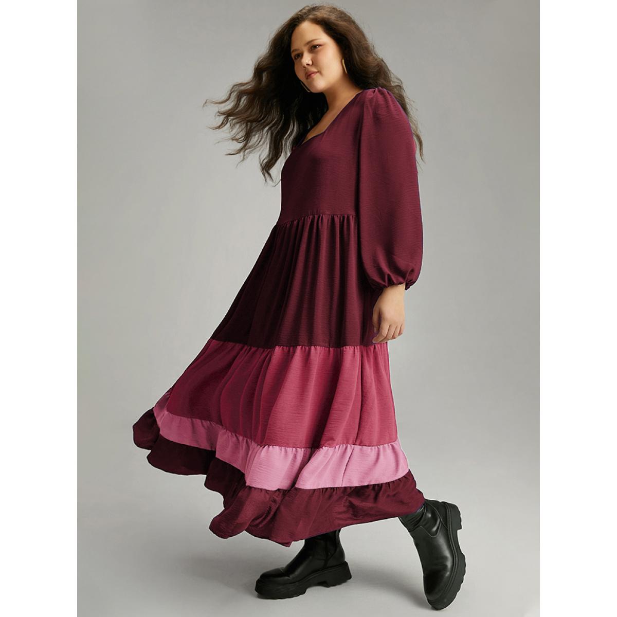 Plus Size Colorblock Contrast Square Neck Ruffle Layered Hem Dress Scarlet Women Casual Elastic cuffs Square Neck Long Sleeve Curvy Long Dress BloomChic 10/M Product Image