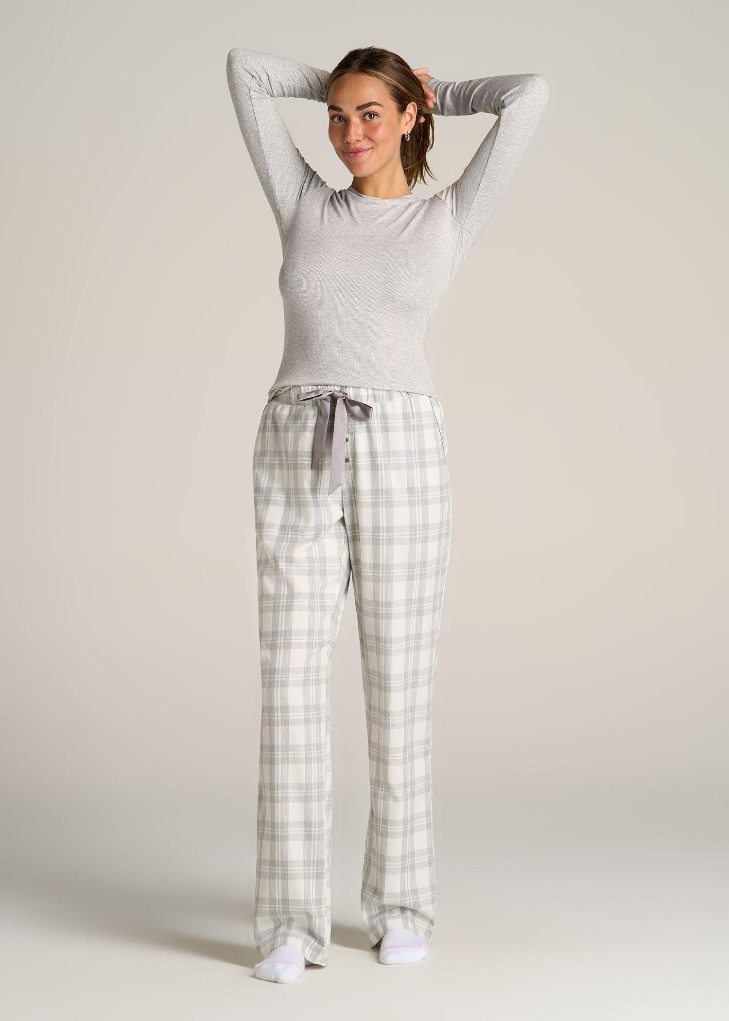 Open-Bottom Flannel Pajama Pants for Tall Women in Heather Grey and White Plaid Female Product Image