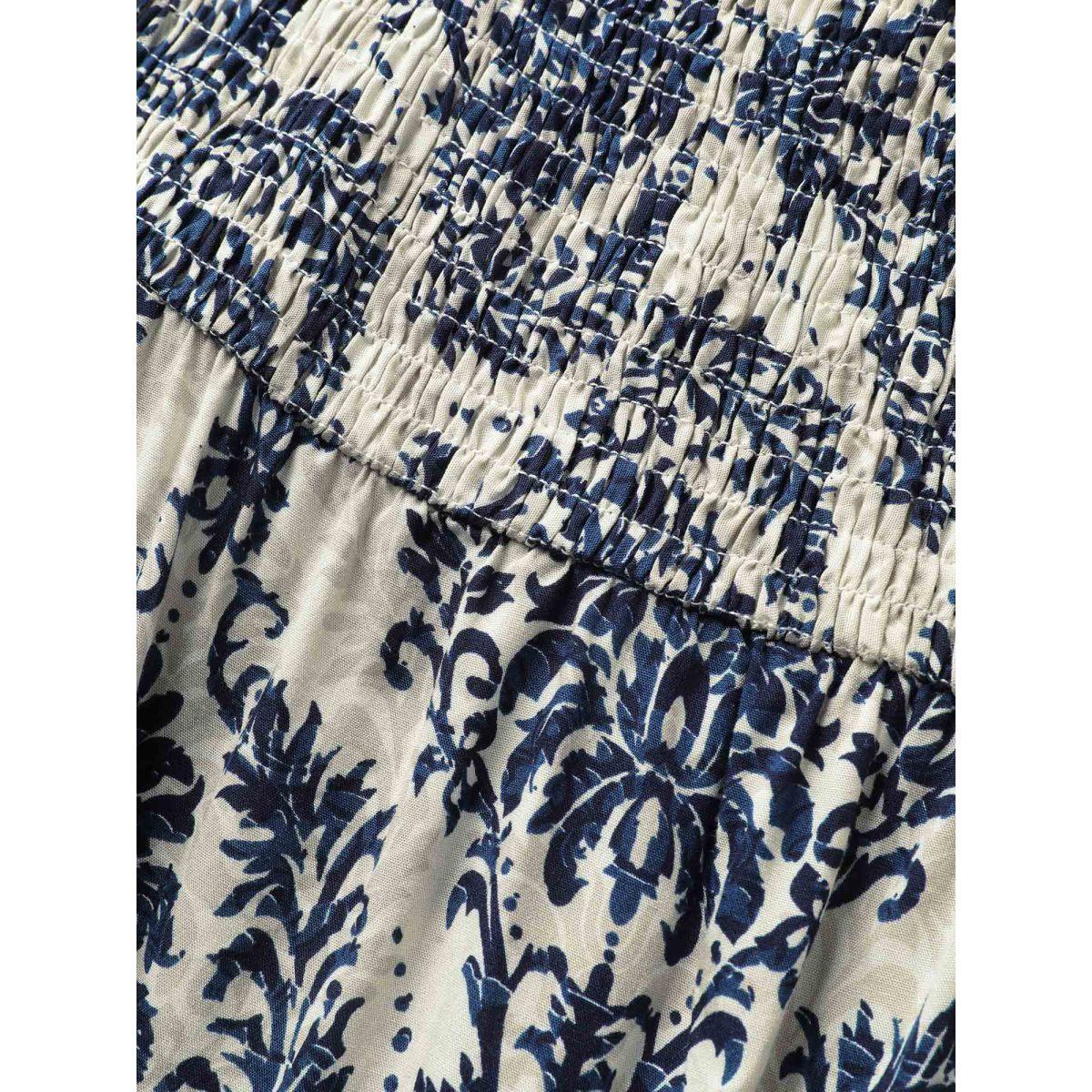 Plus Size Bandana Print Shirred Off Shoulder Dress DarkBlue Women Resort Non One-shoulder neck Short sleeve Curvy Midi Dress BloomChic 18-20/2X Product Image