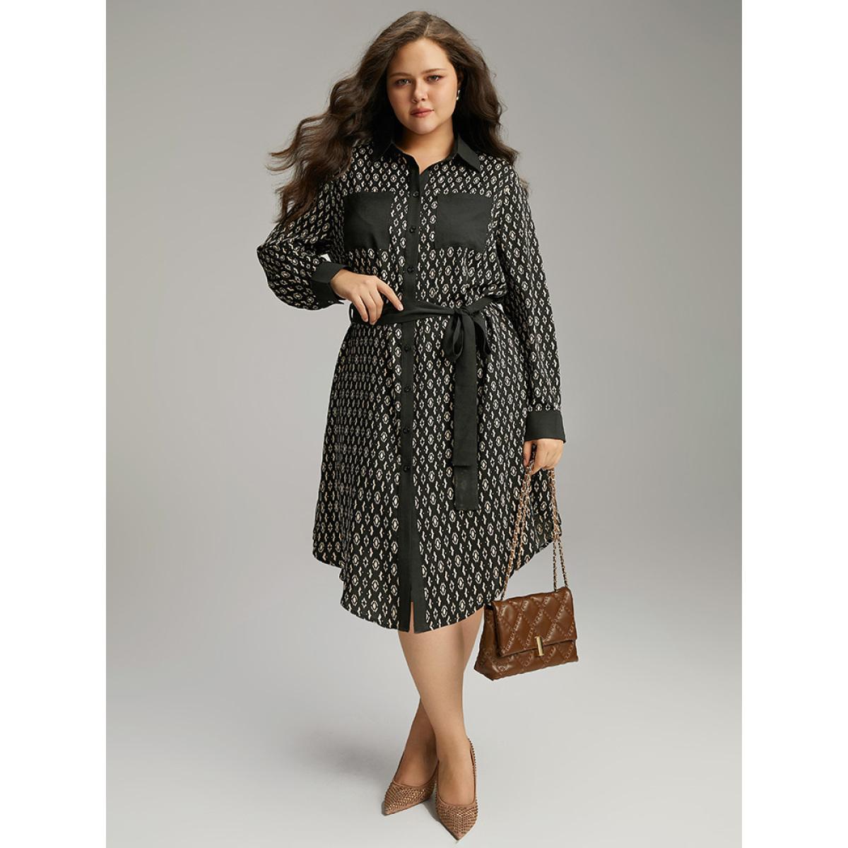 Plus Size Geometric Patched Pocket Arc Hem Dress Black Women Office Belted Shirt collar Long Sleeve Curvy Midi Dress BloomChic 10/M Product Image