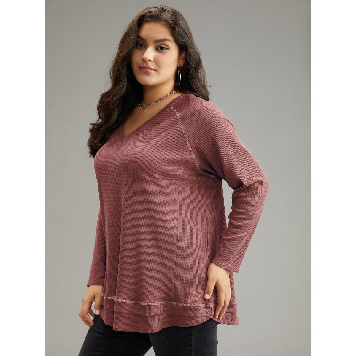 Plus Size Plain Textured Stitch Raglan Sleeve Sweatshirt Women DustyPink Casual Plain V-neck Everyday Sweatshirts BloomChic 14-16/1X Product Image