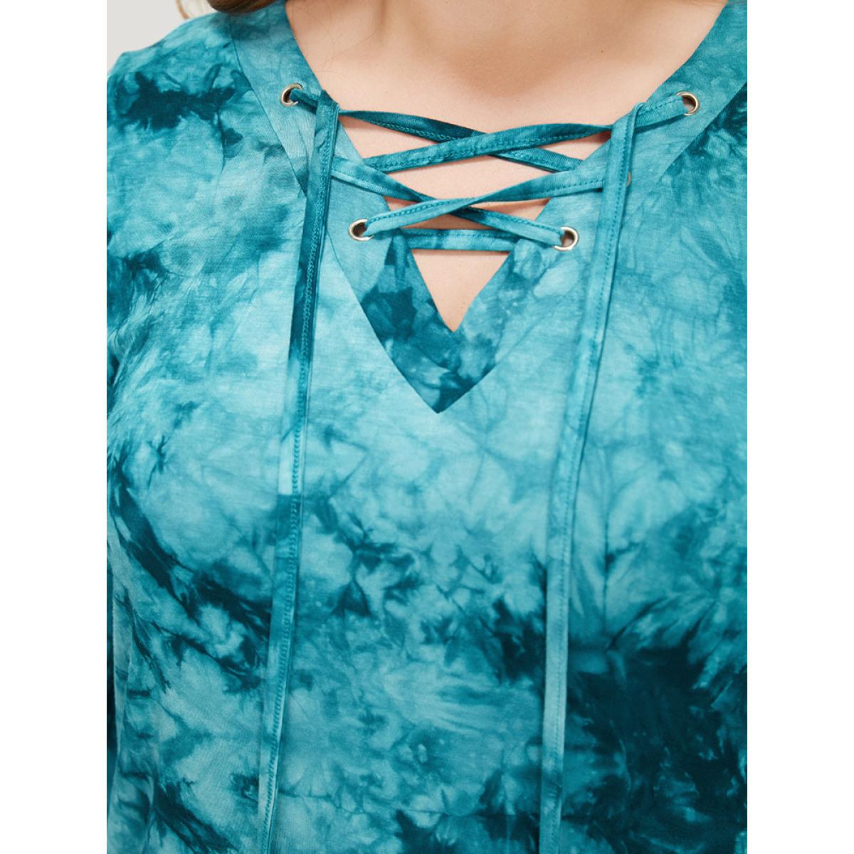 Plus Size Tie Dye Roll Sleeve Lace Up T-shirt Cerulean Women Casual Tie Dye V-neck Dailywear T-shirts BloomChic 18-20/2X Product Image