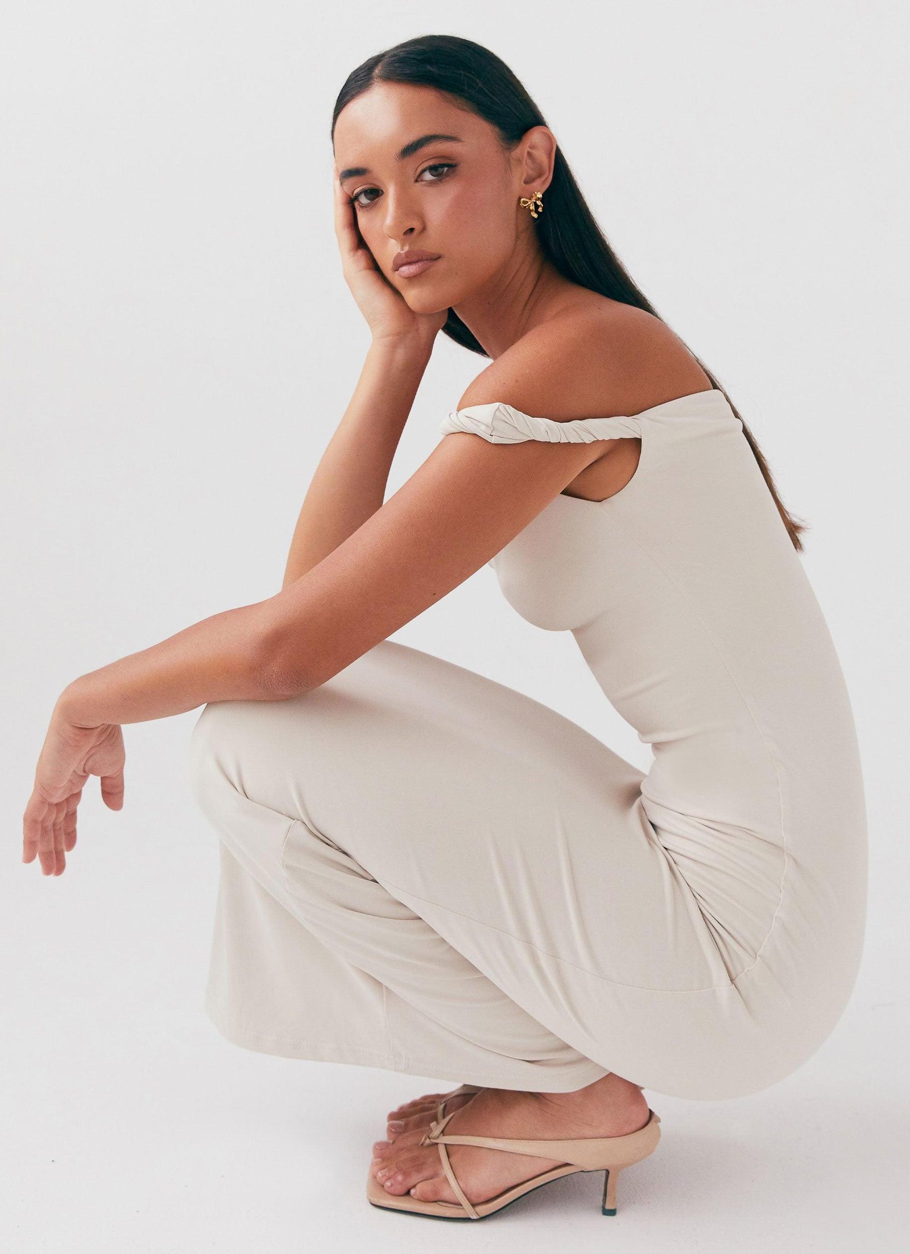 Arabella Twist Shoulder Maxi Dress - Beige Product Image