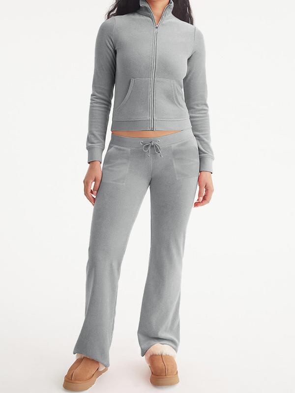 Solid Collar Neck Jacket & Lace Up Pants Set Product Image