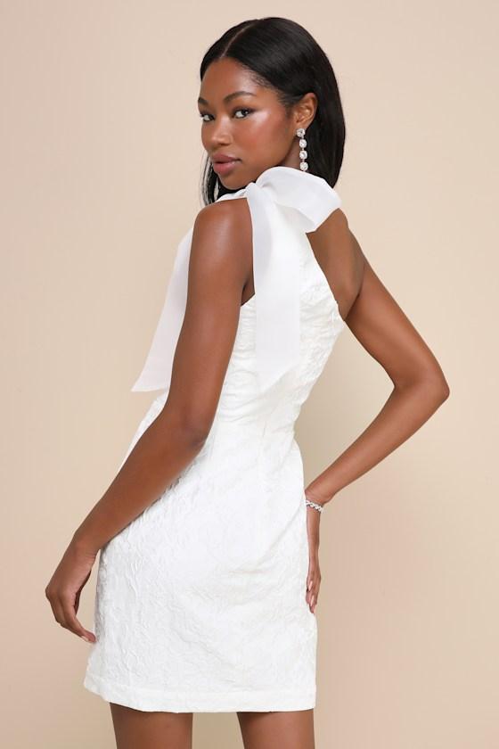 Unique Perfection White Floral Jacquard One-Shoulder Mini Dress Product Image