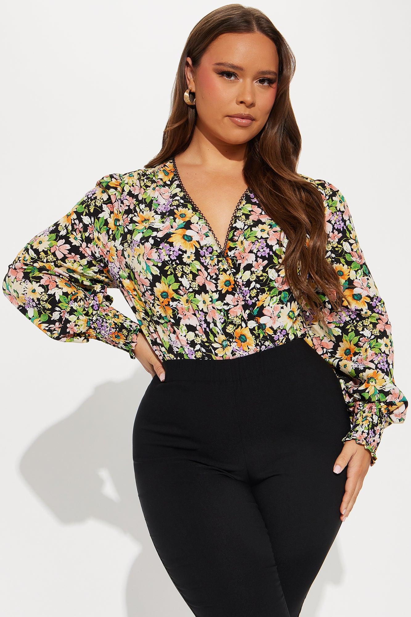 Floral Delight Surplice Bodysuit - Black/combo Product Image