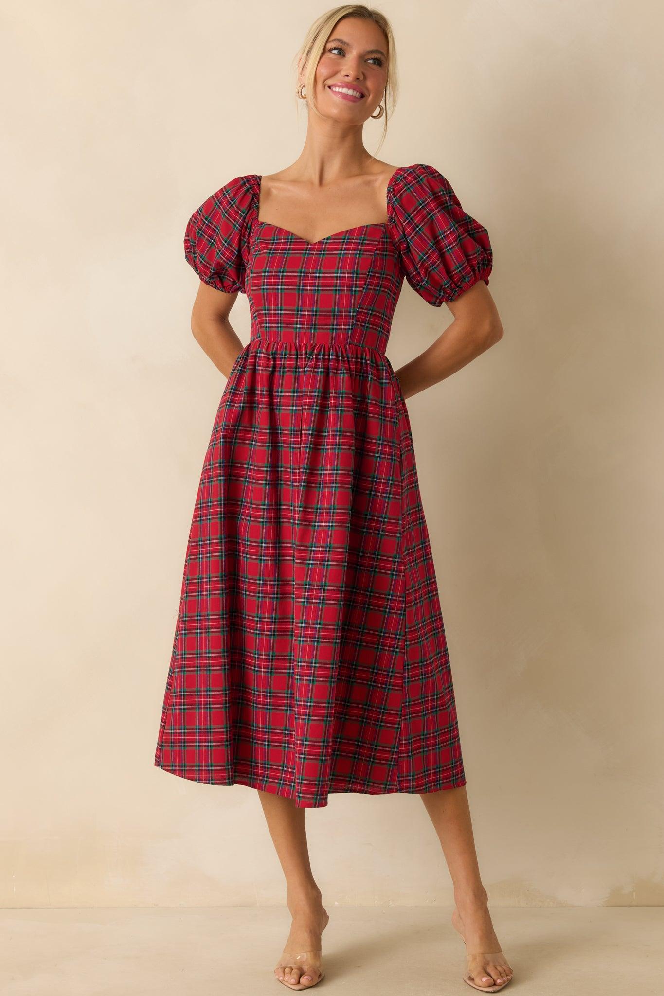 Always You Cotton Red Plaid Puff Sleeve Midi Dress Product Image