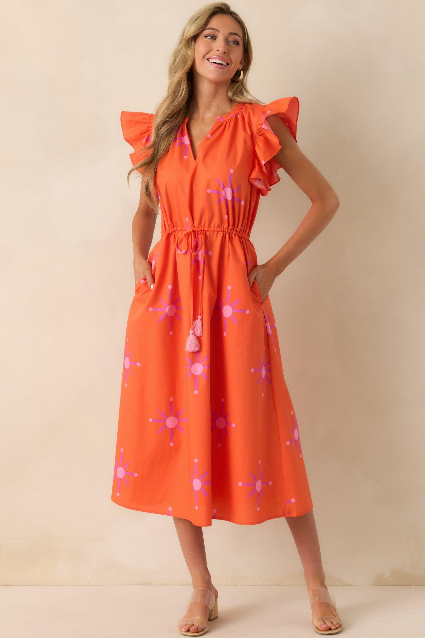 Don't Know Why Orange Floral Cotton Flutter Sleeve Midi Dress Product Image