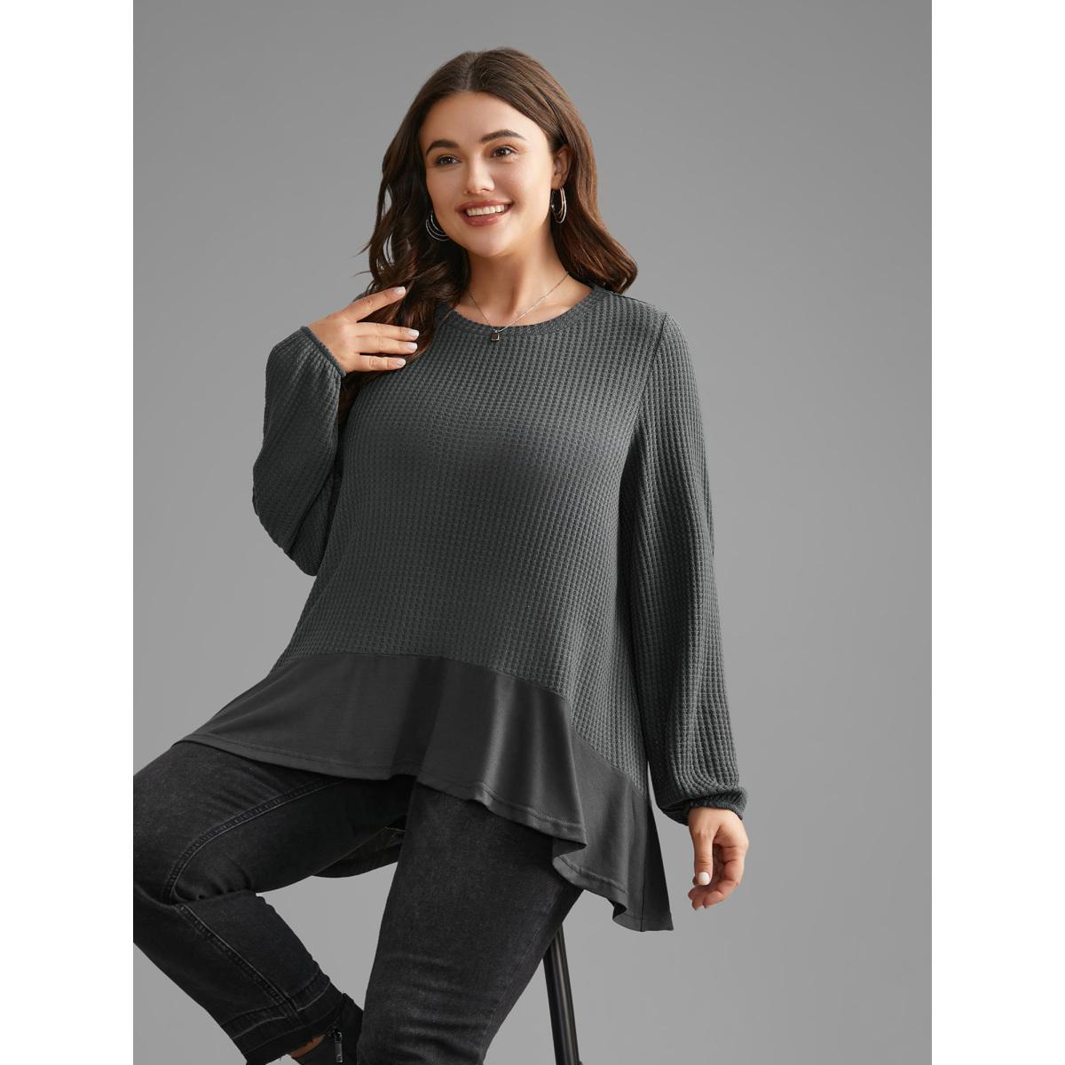 Plus Size Waffle Knit Patchwork High Low Hem T-shirt DimGray Women Casual Texture Round Neck Loose Everyday T-shirts BloomChic 14-16/1X Product Image