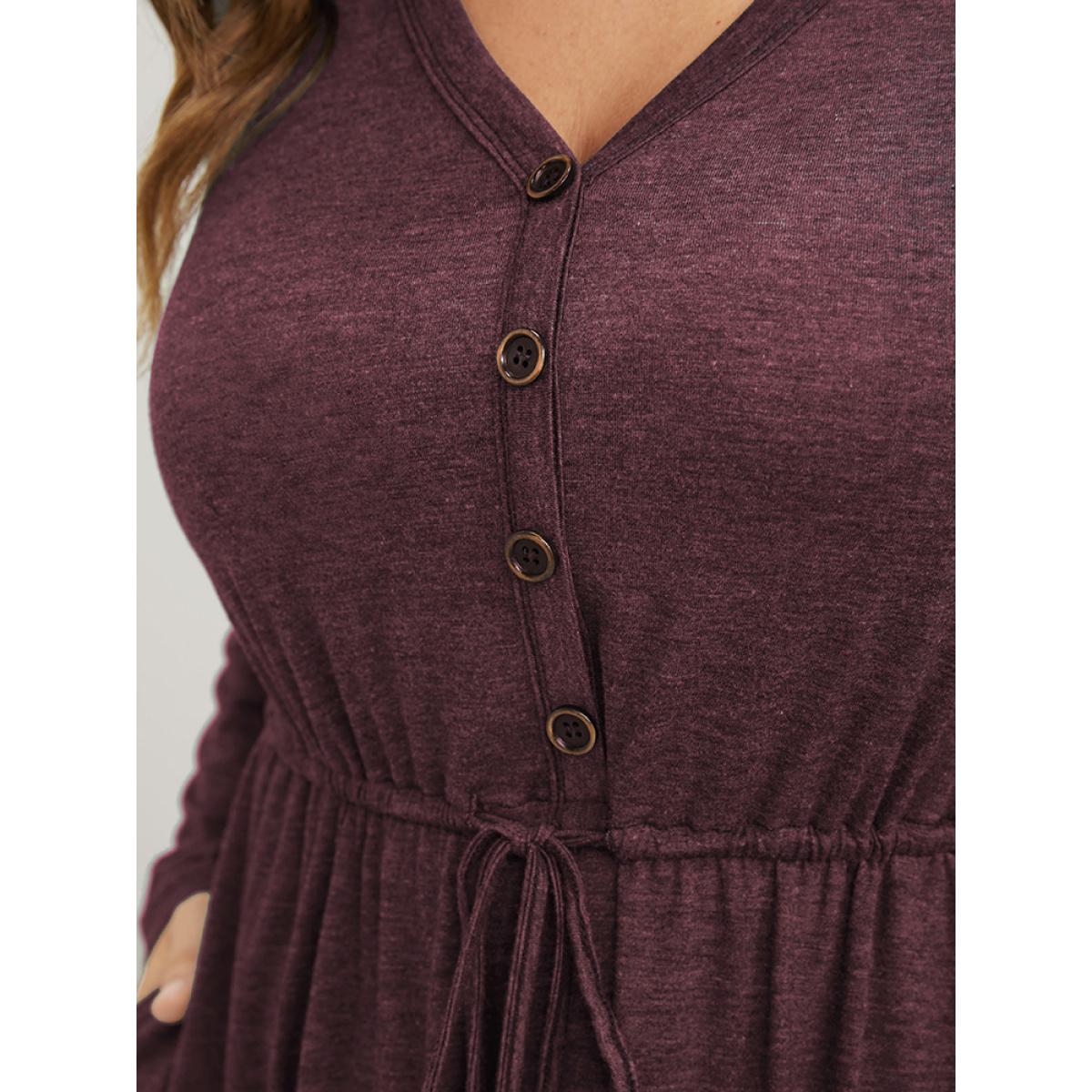 Plus Size Solid Pocket Button Asymmetrical Hem Ties Midi Dress Black Women Casual Patchwork V-neck Long Sleeve Curvy Midi Dress BloomChic 10/M Product Image