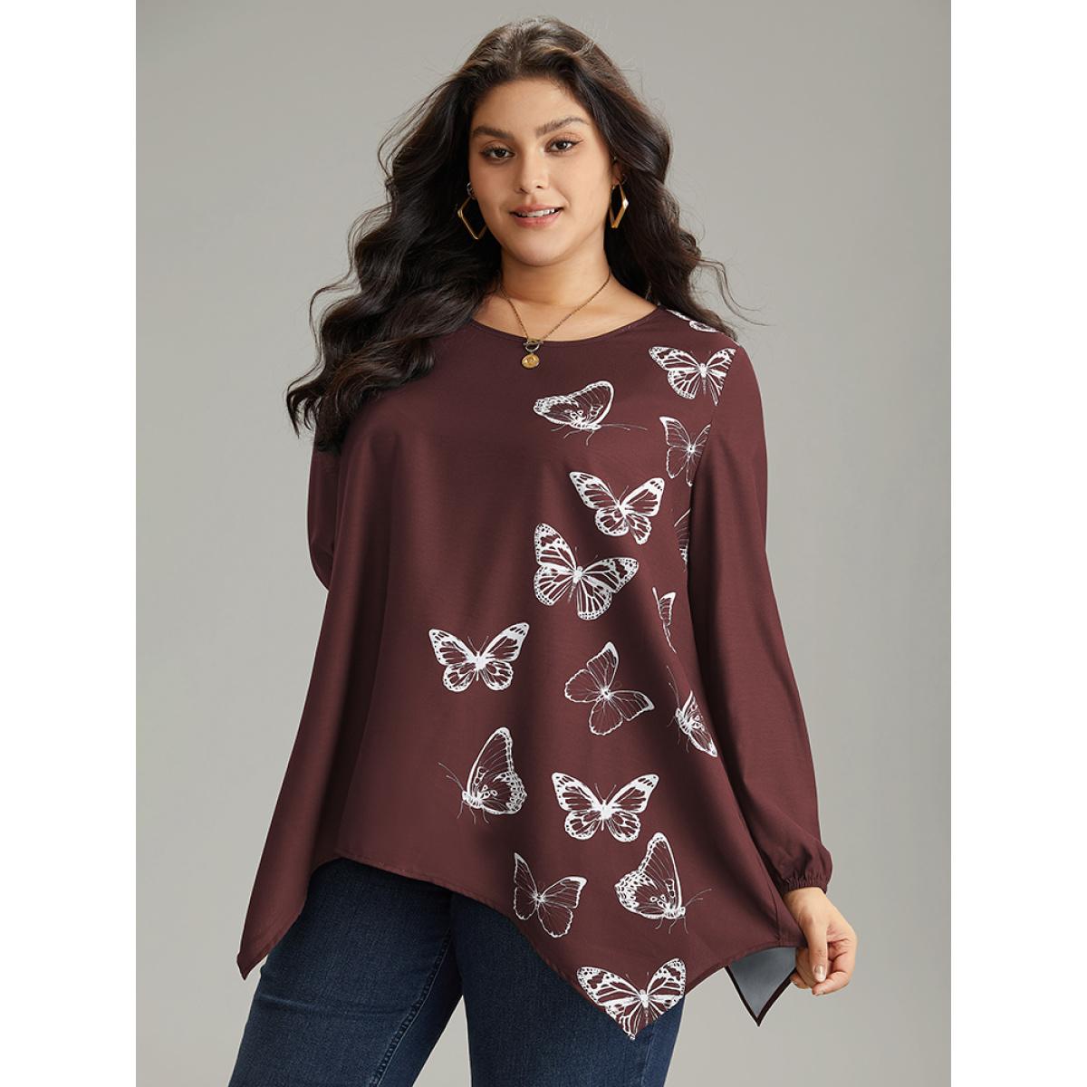 Plus Size Scarlet Butterfly Crew Neck Lantern Sleeve Hanky Hem Blouse Women Elegant Long Sleeve Round Neck Work Blouses BloomChic 28/5X Product Image