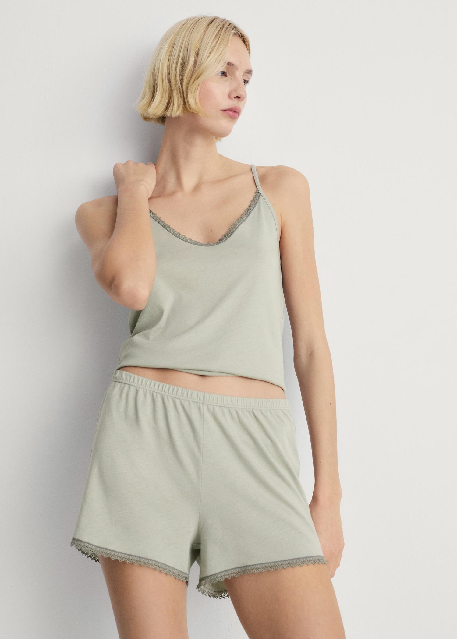 Cotton pajama shorts with lace contrast - Women | MANGO USA Product Image