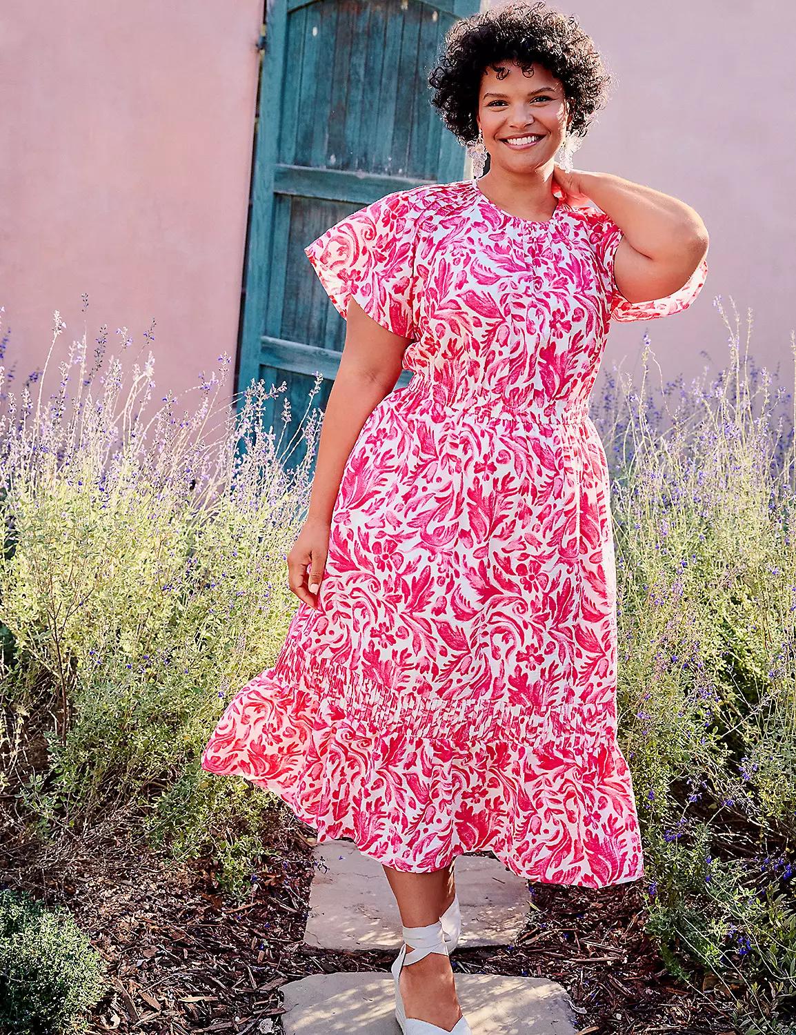 Flutter-Sleeve Pin-Tuck Sleeve Midi Dress Product Image