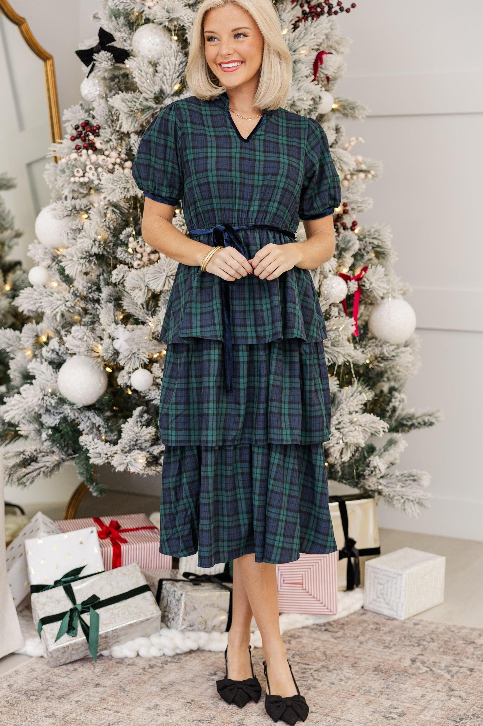 Feeling The Joy Green Tartan Plaid Midi Dress Female Product Image