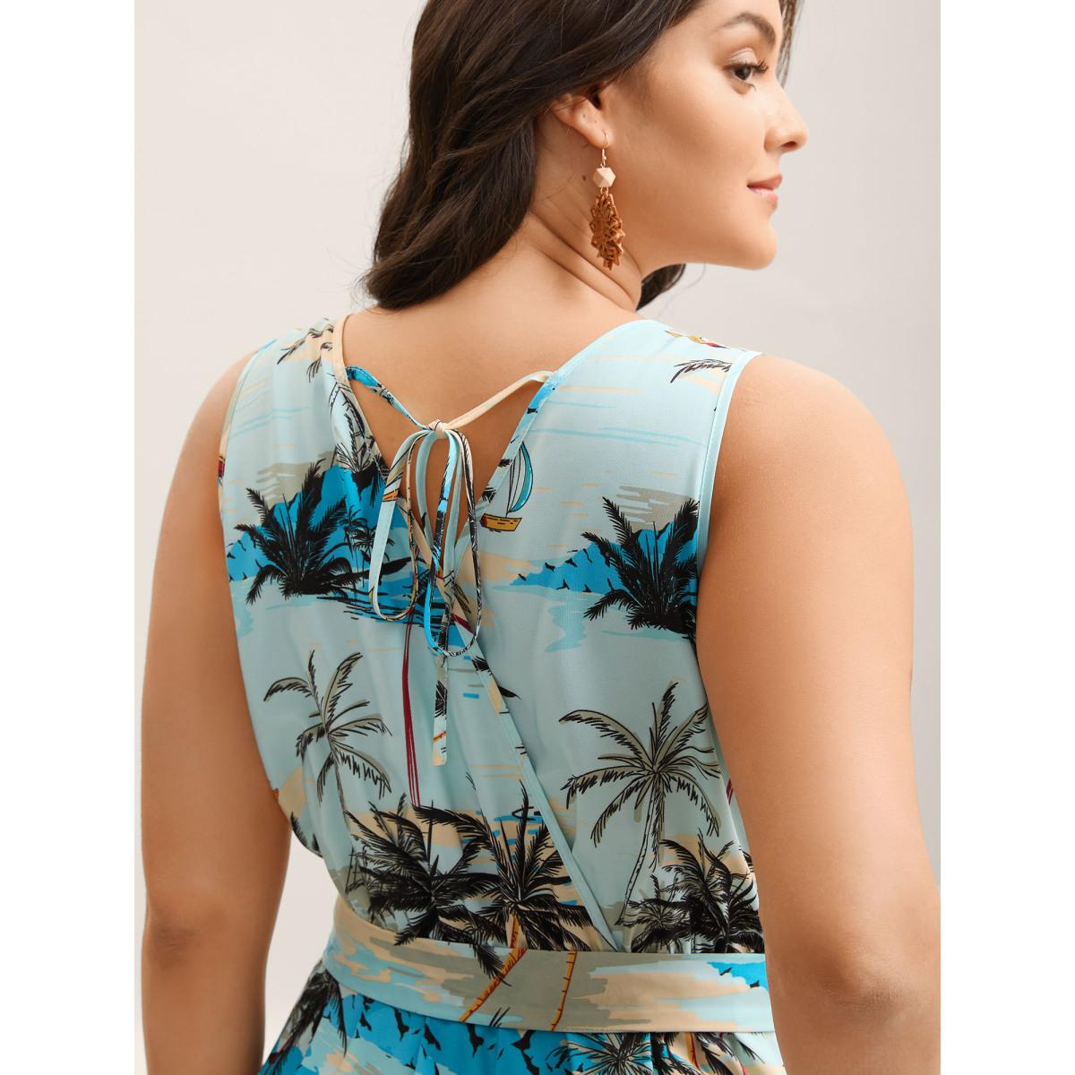 Plus Size Multicolor Tropical Print Stretchy Waist Pockets Jumpsuit Women Sleeveless Overlap Collar Vacation Loose Jumpsuits BloomChic 10/M Product Image