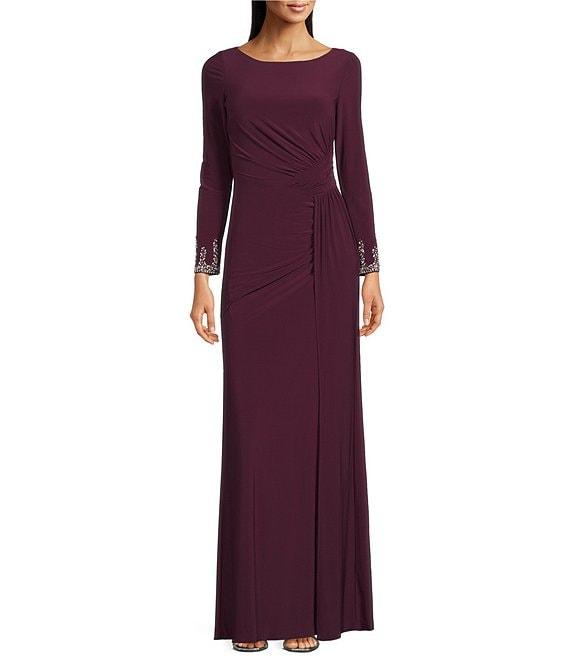Betsy & Adam Long Sleeves With Beaded Embellishment Ruched Sheath Gown Product Image