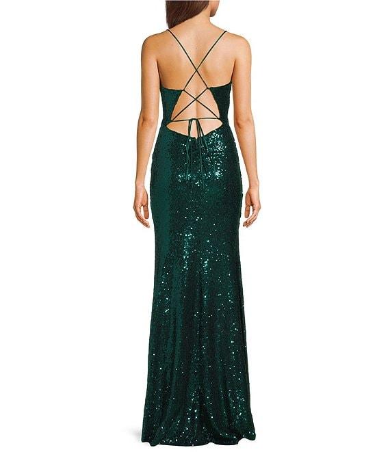 Midnight Doll Sequin V-Neck Criss Cross Back Side Slit Long Dress Product Image