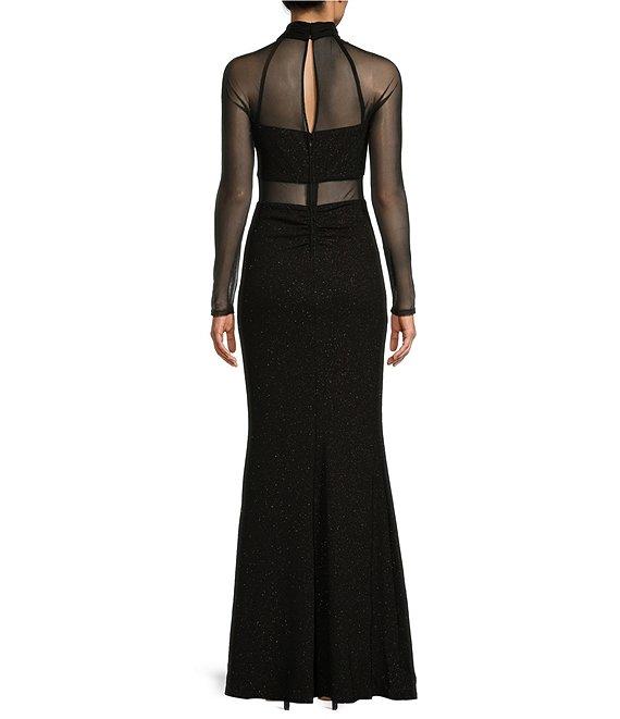 City Vibe Long Sleeve Mock Neck Illusion Ruched Long Slim Dress Product Image