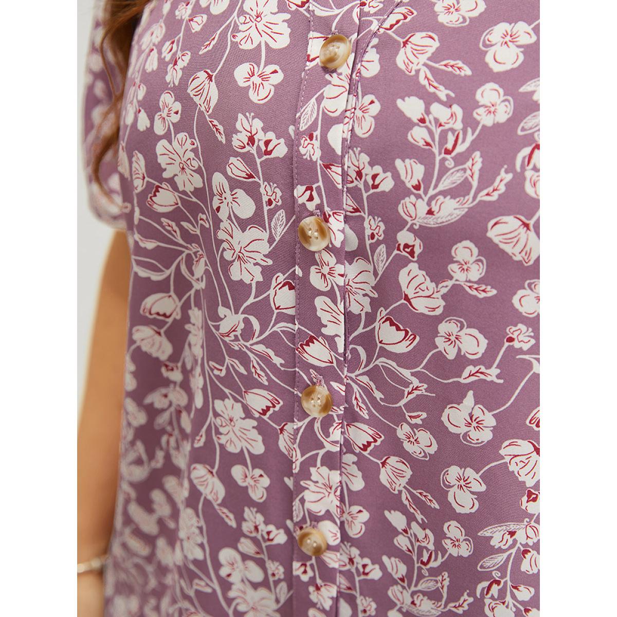 Plus Size Mauve Ditsy Floral Button Up Frill Trim Notched Blouse Women Elegant Short sleeve Notched collar Dailywear Blouses BloomChic 22-24/3X Product Image