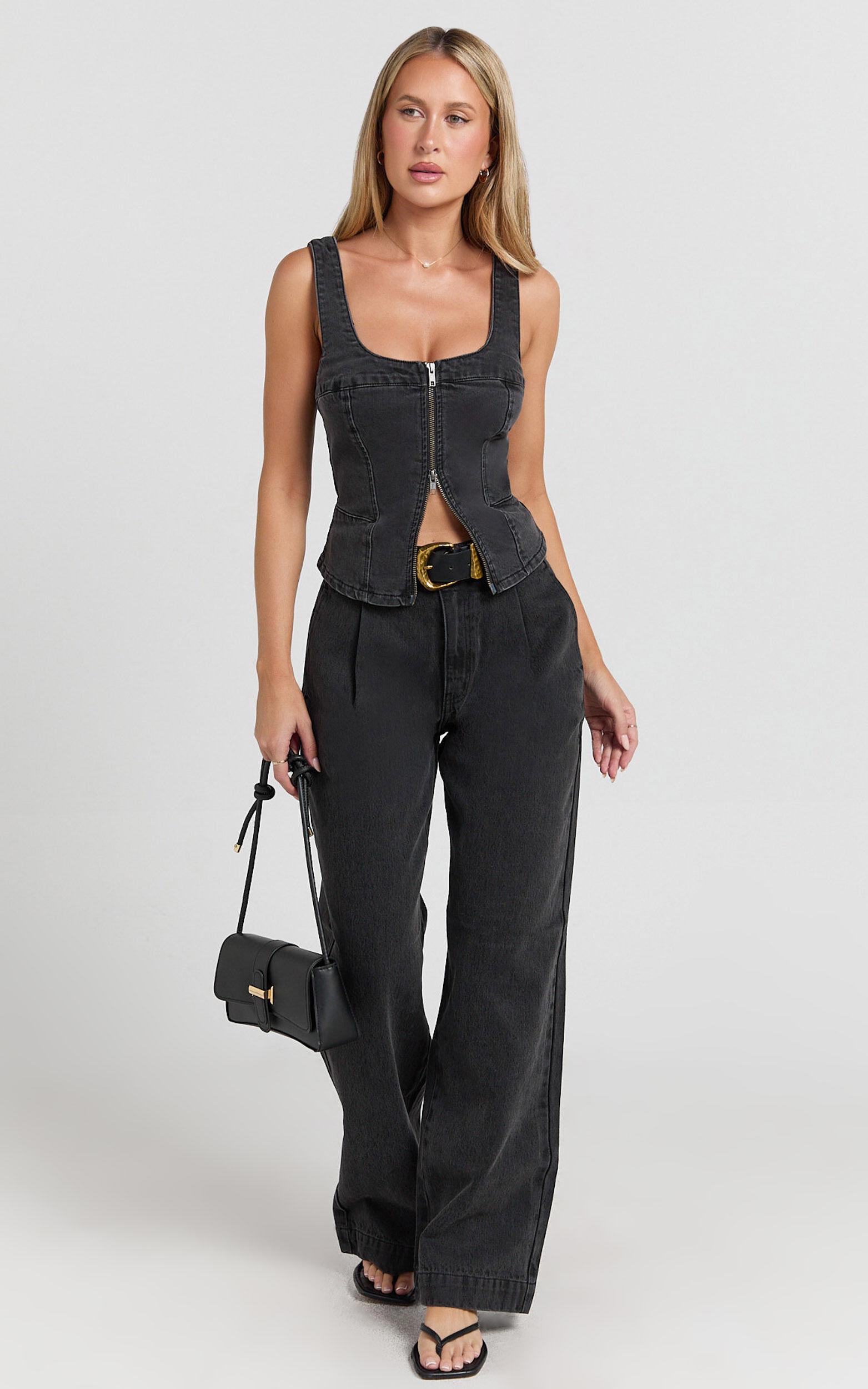 Bellerose Top - Front Zip Denim Fitted Top in Washed Black Product Image