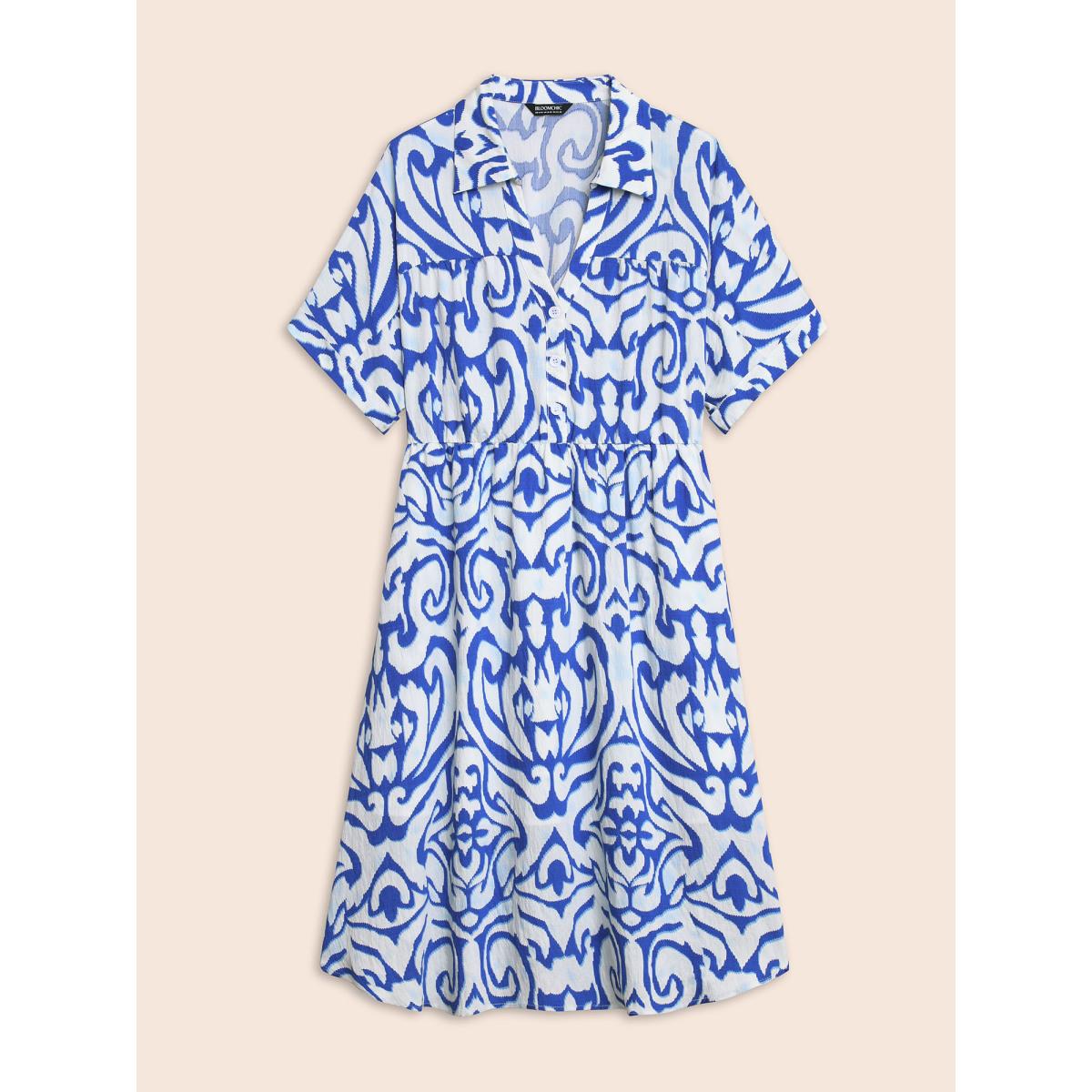 Plus Size Boho Print Button Detail Cuffed Sleeve Dress Beige Women At the Office Gathered Shirt collar Short sleeve Curvy BloomChic 18-20/2X Product Image