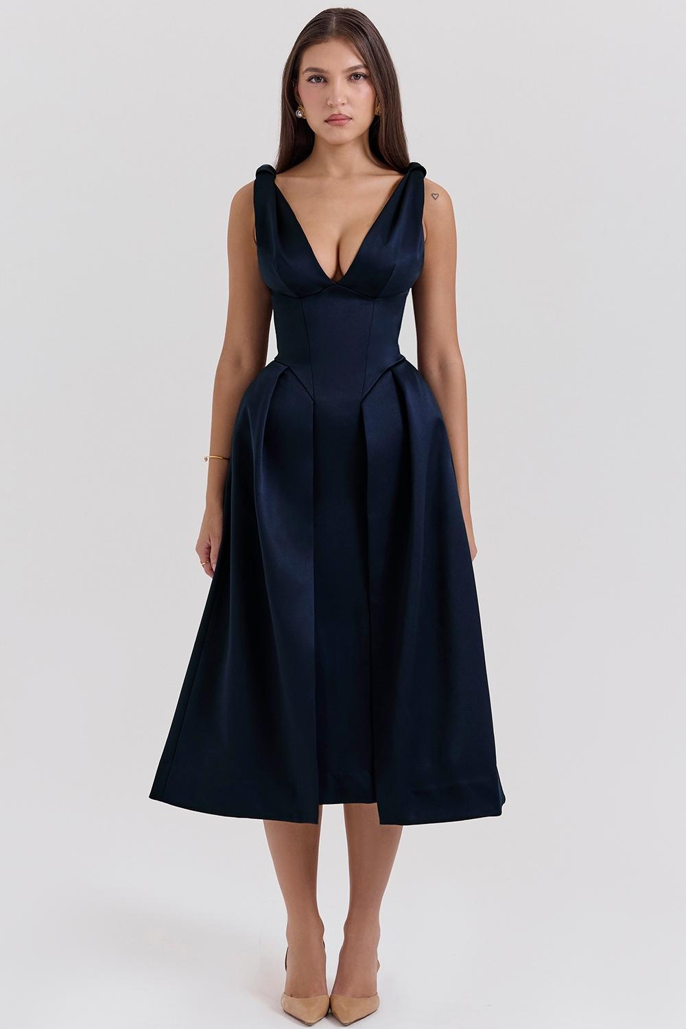 Paloma  midnight twist strap satin midi dress - sale Product Image