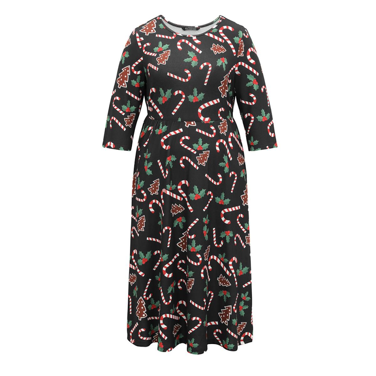 Plus Size Christmas Print Pocket Elastic Waist Dress Black Women Playful Printed Round Neck Long Sleeve Curvy Midi Dress BloomChic 12/L Product Image