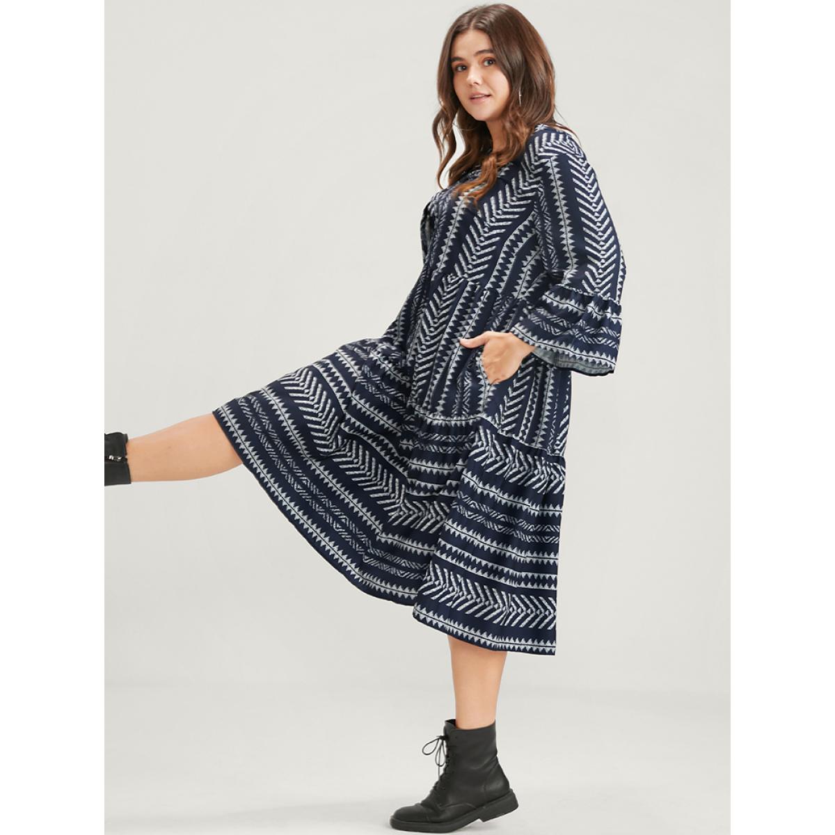 Plus Size Bloom Dress -Geometric Pocket Ruffles V Neck Knee Dress DarkBlue Women Vacation Pocket V-neck Elbow-length sleeve Curvy Knee Dress BloomChic 10/M Product Image