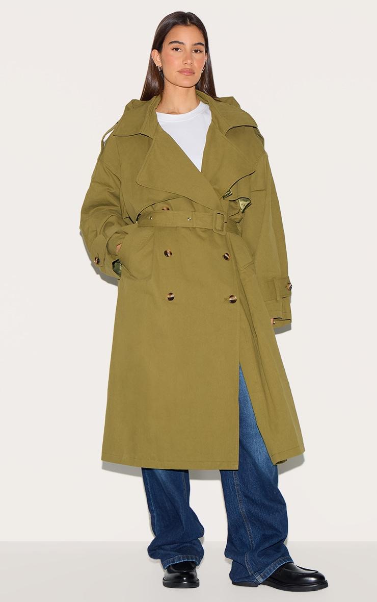 Khaki Woven Hooded Oversized Trench Coat Product Image