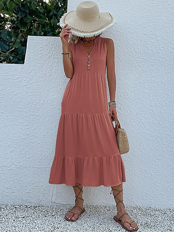 Loose Sleeveless Pleated Split-Joint V-Neck Midi Dresses Product Image