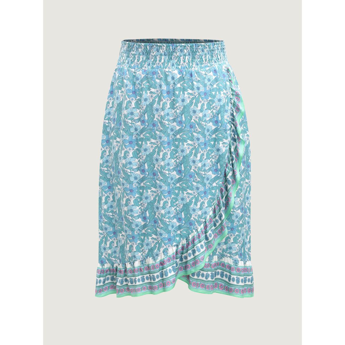 Plus Size Floral Ruffled Wrap Midi Skirt Women Arctic Resort Shirred Loose No stretch Side seam pocket Vacation Skirts BloomChic 14-16/1X Product Image