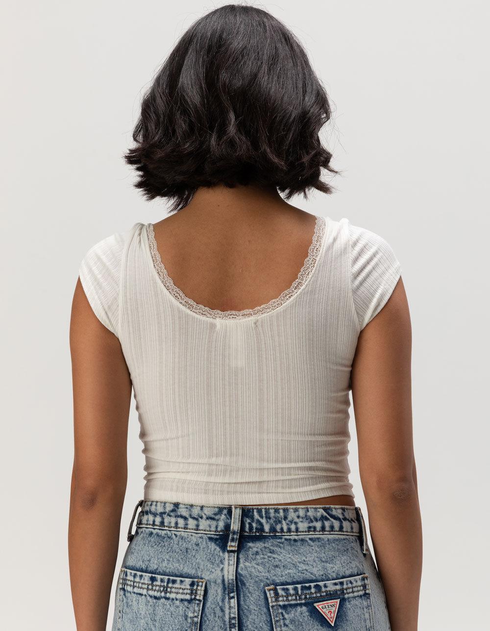 FULL TILT Texture Lace Trim Womens Crop Top - CREAM Product Image