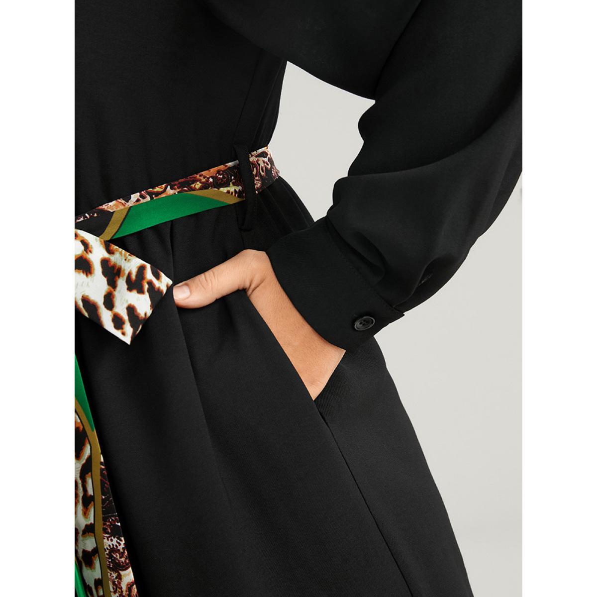 Plus Size Chain Print Shirt Collar Pocket Split Belted Button Up Dress Green Women Office Printed Shirt collar Curvy Midi Dress BloomChic 22-24/3X Product Image