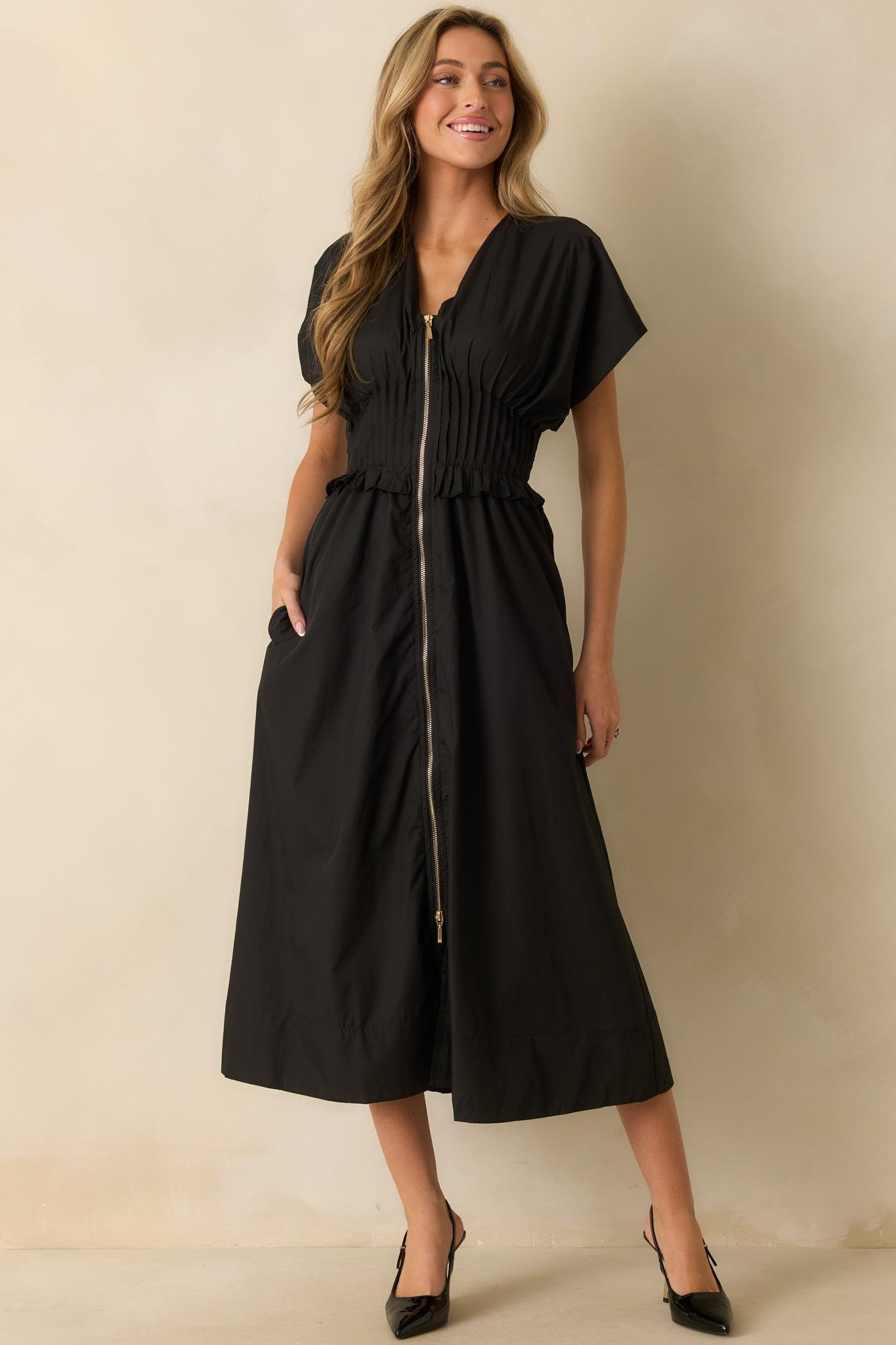 Let It Be Easy Black Smocked Waist Zip Maxi Dress Product Image