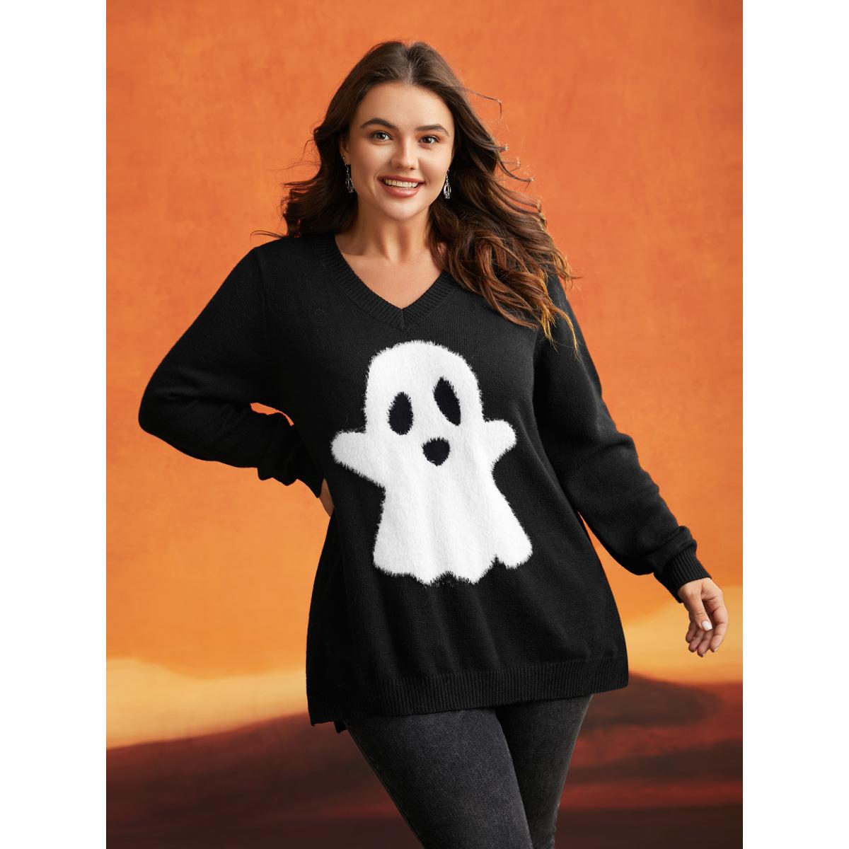 Plus Size Mink Touch Ghost Printed Pullover Black Women Playful Long Sleeve V-neck Casual Pullovers BloomChic 18-20/2X Product Image