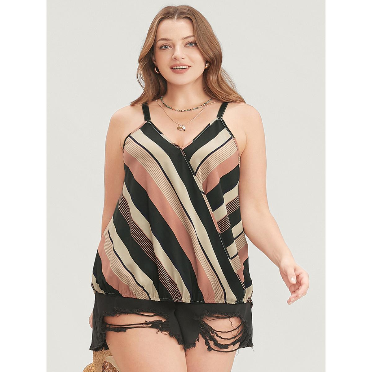 Plus Size Striped Contrast Surplice Neck Cami Top Women Multicolor Vacation Wrap V-neck Dailywear Tank Tops Camis BloomChic 30/6X Product Image