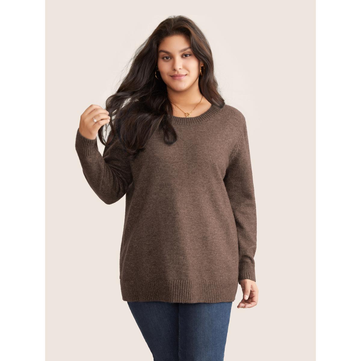 Plus Size Supersoft Essentials Solid Heather Twist Back Pullover DarkBrown Women Casual Long Sleeve Round Neck Everyday Pullovers BloomChic 26/4X Product Image