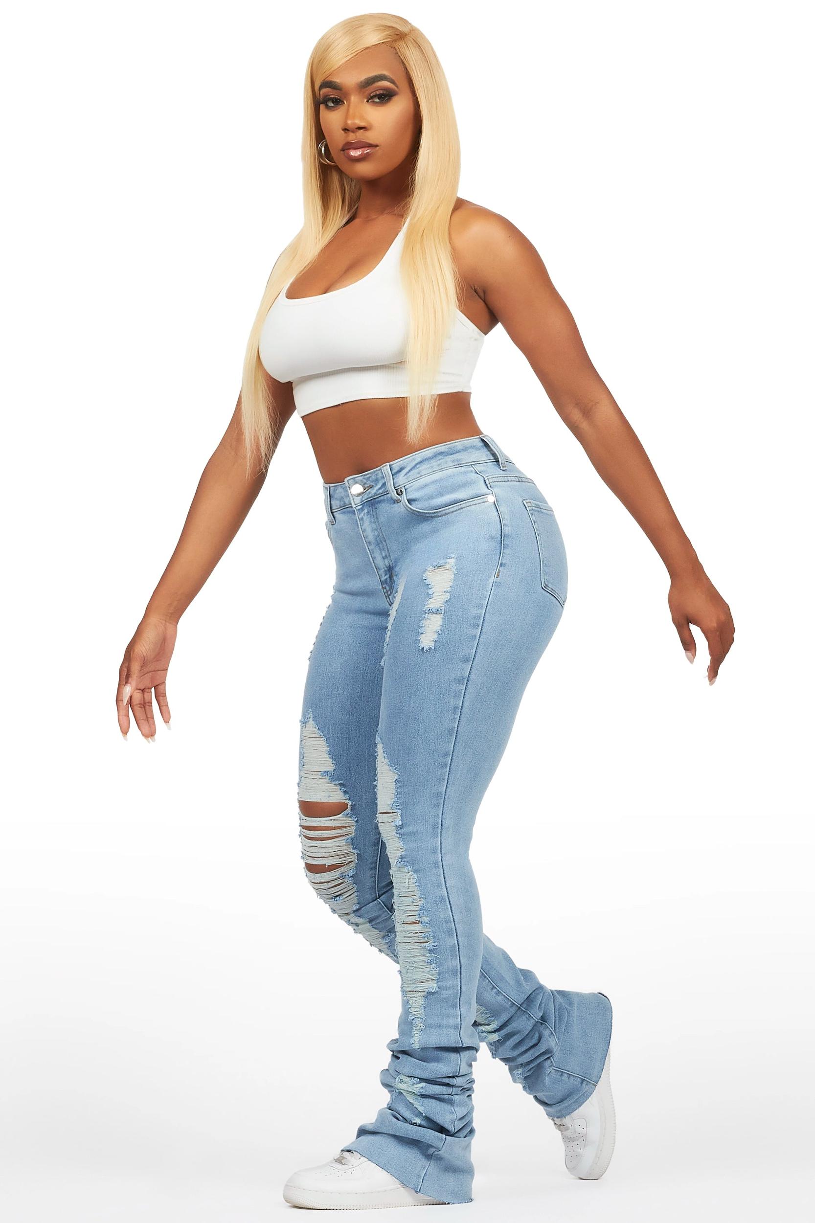 Got A Crush Light Wash Distressed Super Stacked Jean Female Product Image