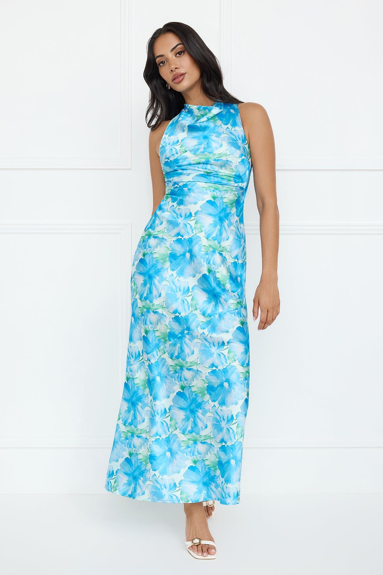 Ocean Spark Satin Maxi Dress Blue Product Image