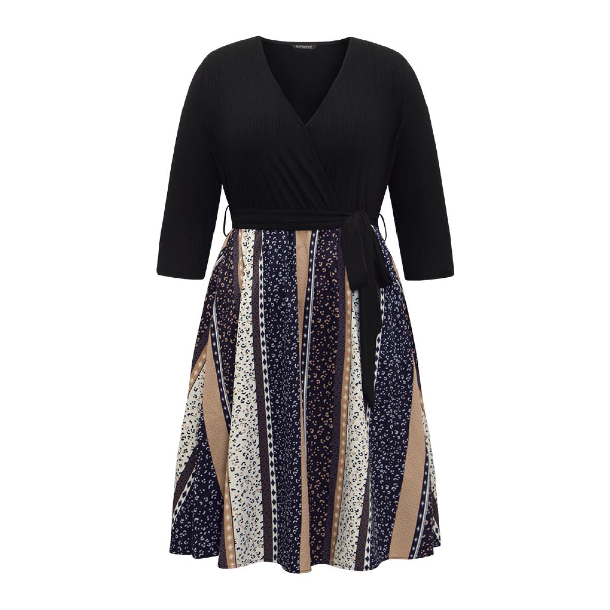 Plus Size Colorblock Striped Belted Pocket Patchwork Dress Leopard Women Vacation Texture Overlap Collar Elbow-length sleeve Curvy Midi Dress BloomChic 26/4X Product Image
