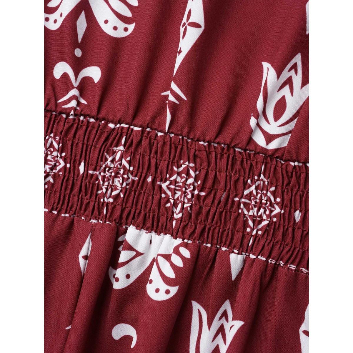 Plus Size Boho Print Stretchy-Waist Ruffled Midi Dress Russet Women Resort Shirred Round Neck Cap Sleeve Curvy BloomChic 26/4X Product Image