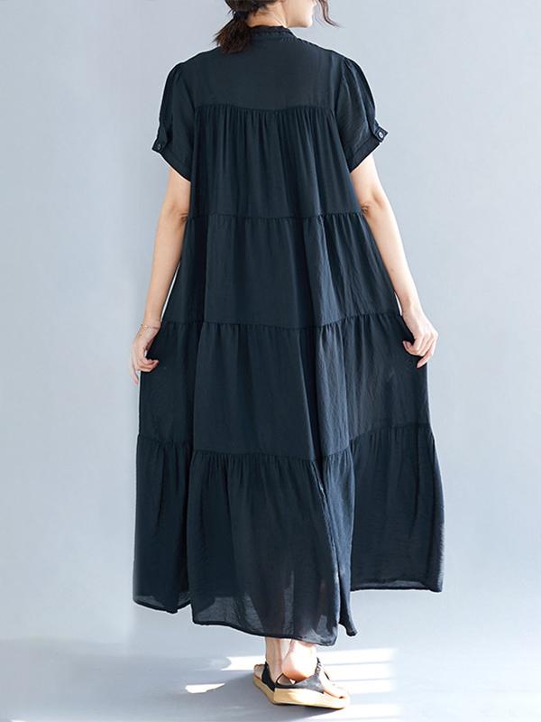 Vintage Loose Split-Joint Pleated Short Sleeves Round-Neck Midi Dress Product Image