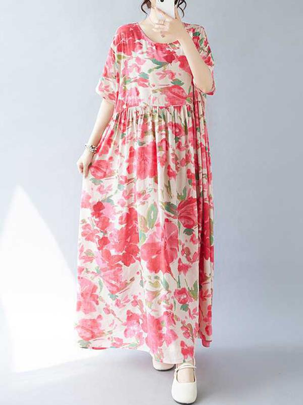 A-line Batwing Sleeves Flower Print Pleated Split-Joint Round-neck Midi Dresses Product Image
