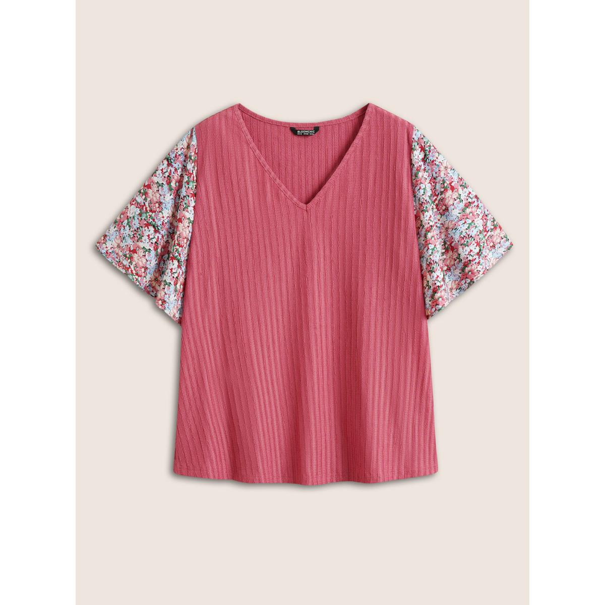 Plus Size Ditsy Floral Patchwork Plisse Flutter Sleeve T-shirt Pink Women Elegant V-neck Everyday T-shirts BloomChic 12/L Product Image